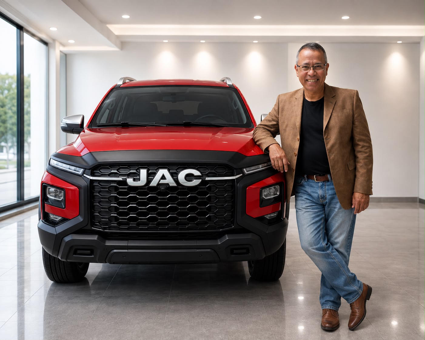 Alexis García — Asesor de Ventas JAC Motors junto a una pickup JAC en showroom